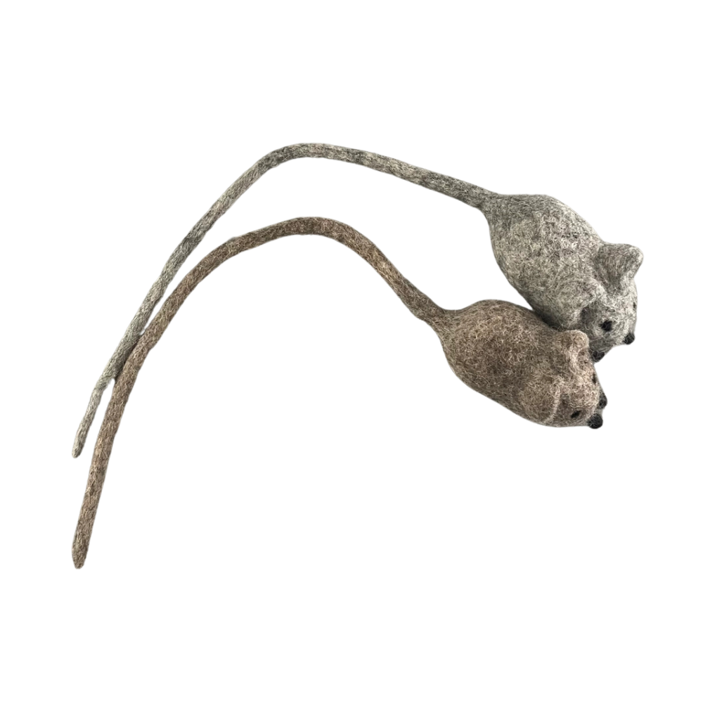 Katzenspielzeug gefilzte Katzenmaus Dunkelbbraun & Hellgrau von oben - Pawsome Pet Toys