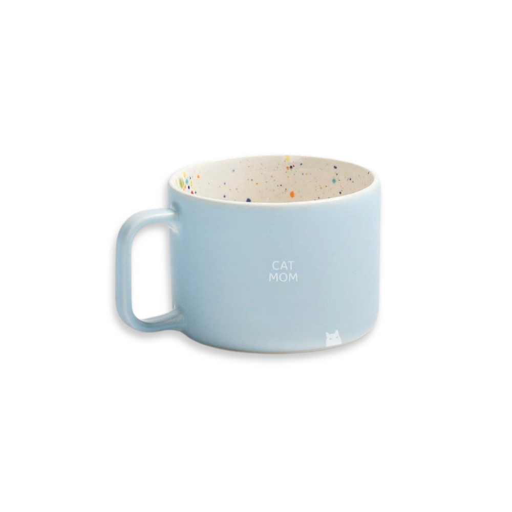 Tasse BREEZE Mug blau 450 ml mit CATMOM weiß - egg back home